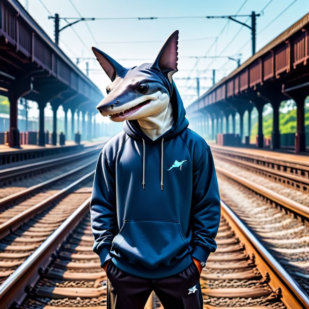 Foto de un tiburón martillo en una sudadera con capucha en las vías del tren