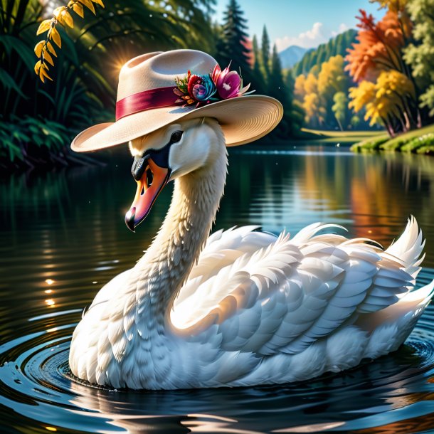 Image of a swan in a hat in the water