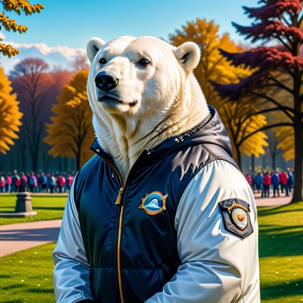 Foto de un oso polar en una chaqueta en el parque