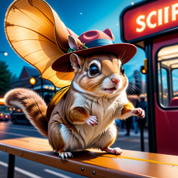 Drawing of a flying squirrel in a hat on the bus stop