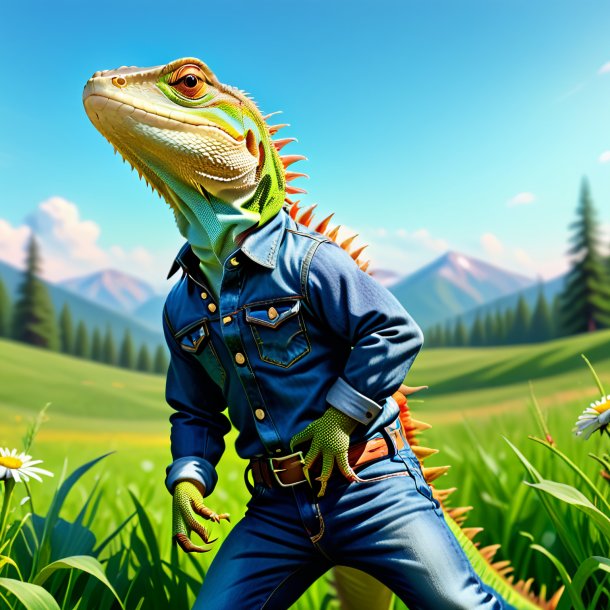 Image d'un lézard dans un jean dans la prairie