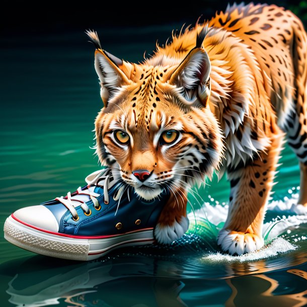 Foto de un lince en un zapato en el agua