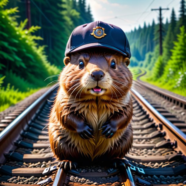 Pic of a beaver in a cap on the railway tracks