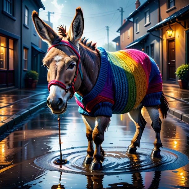 Illustration of a donkey in a sweater in the puddle