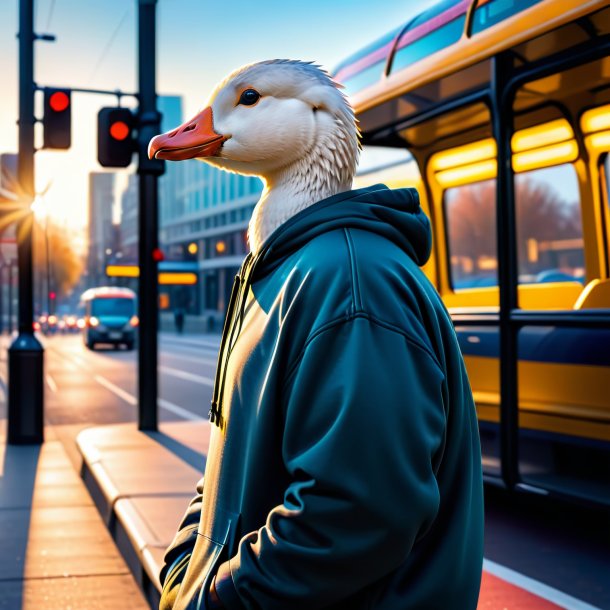 De um ganso em um hoodie na parada de ônibus