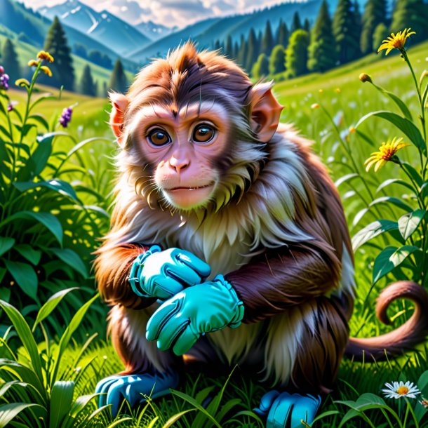 Pic d'un singe dans un gants dans la prairie