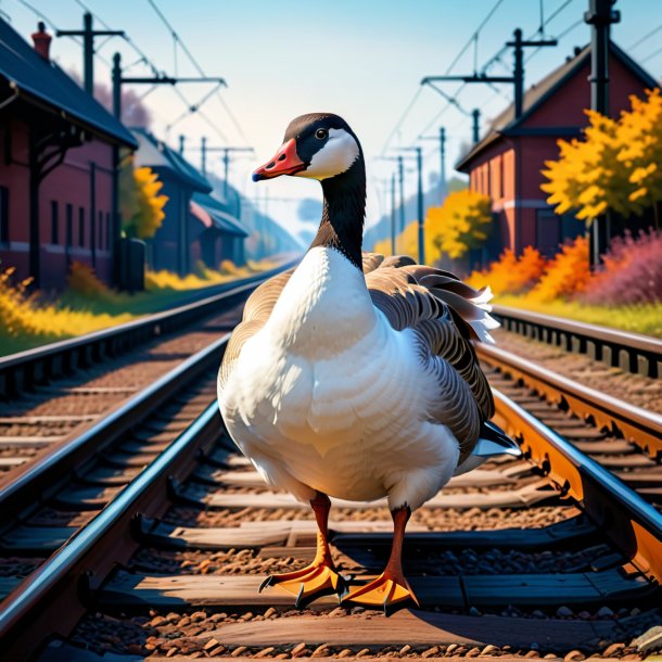 Ilustração de um ganso em um casaco nos trilhos ferroviários