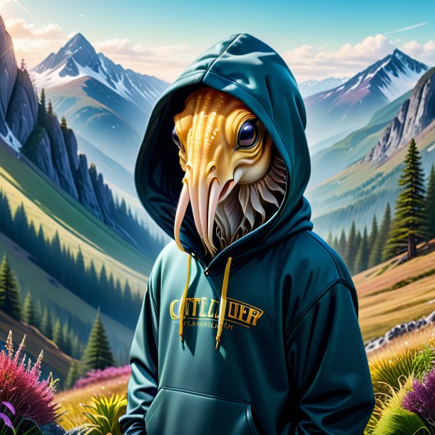 Illustration of a cuttlefish in a hoodie in the mountains