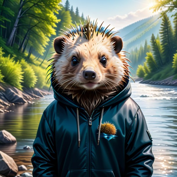 Drawing of a porcupine in a hoodie in the river