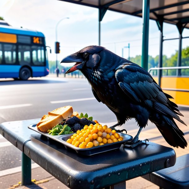 Foto de una comida de un cuervo en la parada de autobús