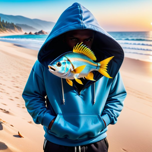 Foto de um peixe em um hoodie na praia