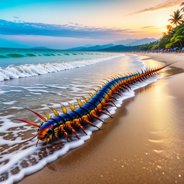 Imagem de uma natação de uma centopeia na praia