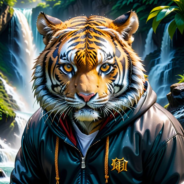 Pic of a tiger in a hoodie in the waterfall