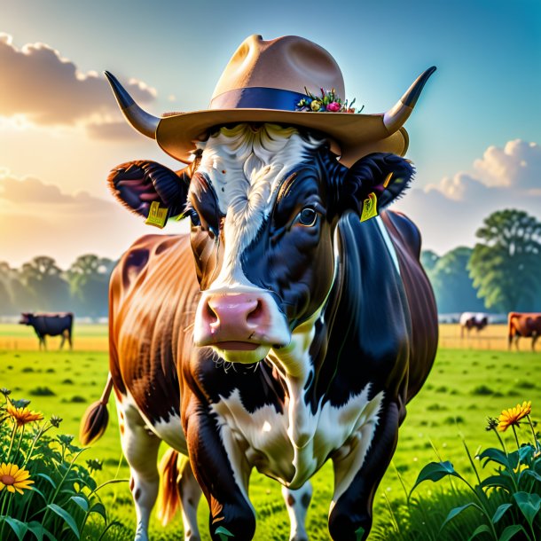 Foto de una vaca en un sombrero en el campo