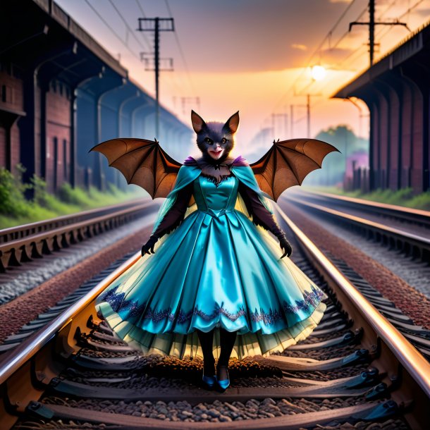 Photo of a bat in a dress on the railway tracks