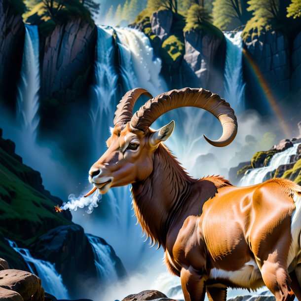 Photo of a smoking of a ibex in the waterfall