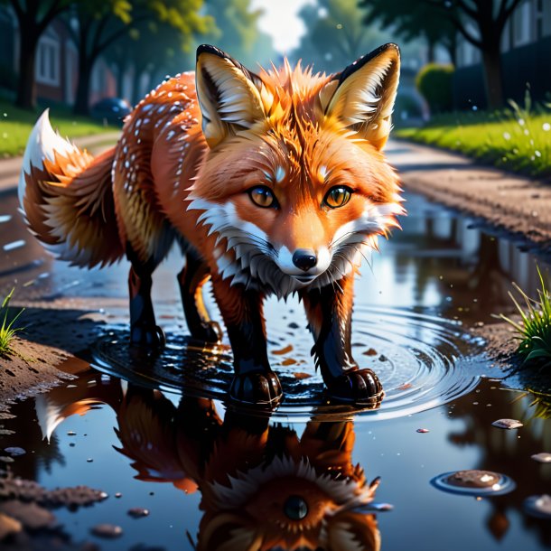 Drawing of a fox in a gloves in the puddle