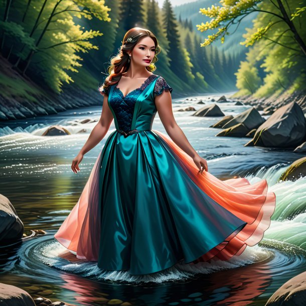 Illustration of a salmon in a dress in the river