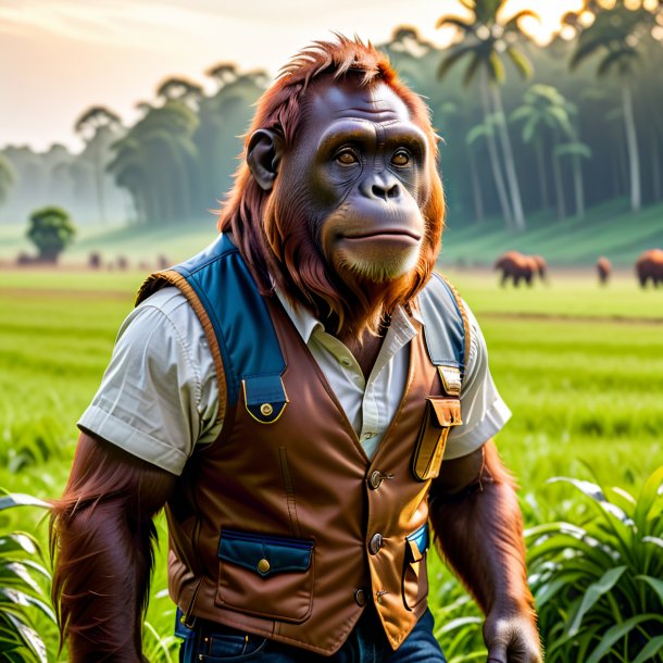 Picture of a orangutan in a vest on the field