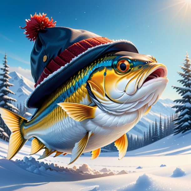 Desenho de um haddock em um chapéu na neve