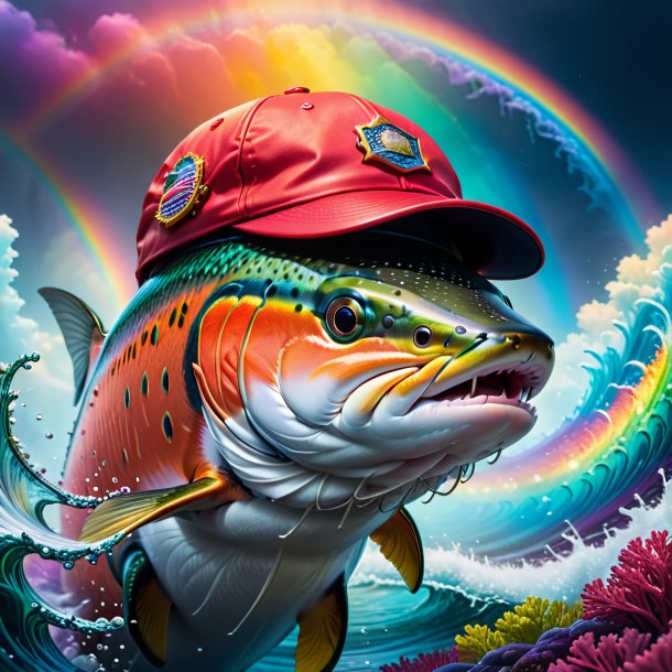 Image of a salmon in a cap on the rainbow