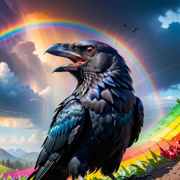 Image of a angry of a crow on the rainbow