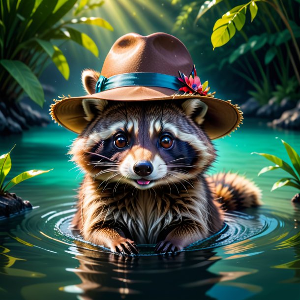 Picture of a raccoon in a hat in the water