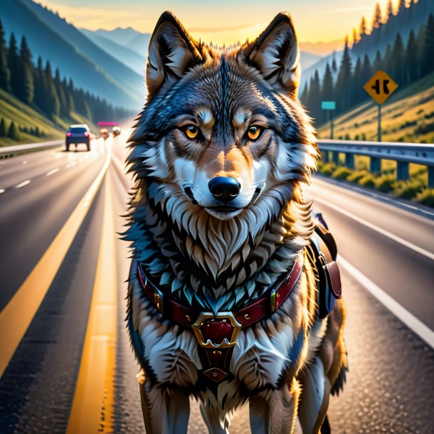 Photo of a wolf in a belt on the highway