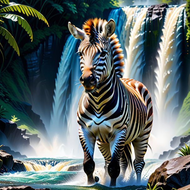 Picture of a angry of a zebra in the waterfall