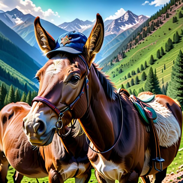 Pic of a mule in a cap in the mountains