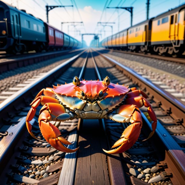 Photo of a crab in a coat on the railway tracks