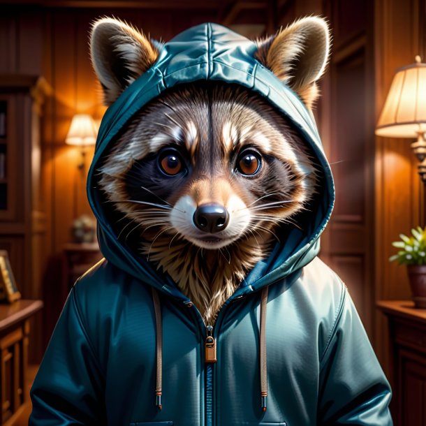 Image of a raccoon in a hoodie in the house