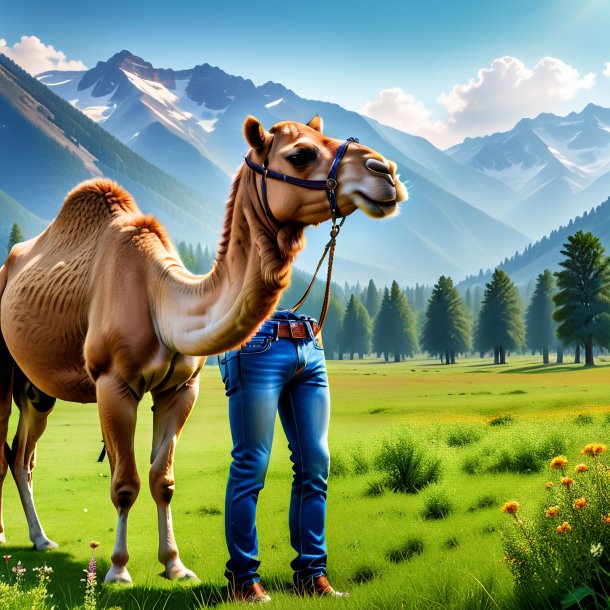 Picture of a camel in a jeans in the meadow