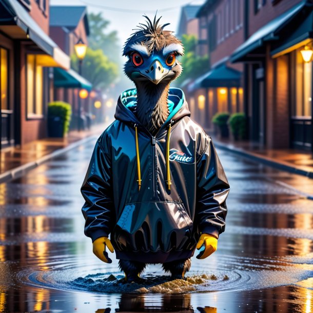 Pic of a emu in a hoodie in the puddle