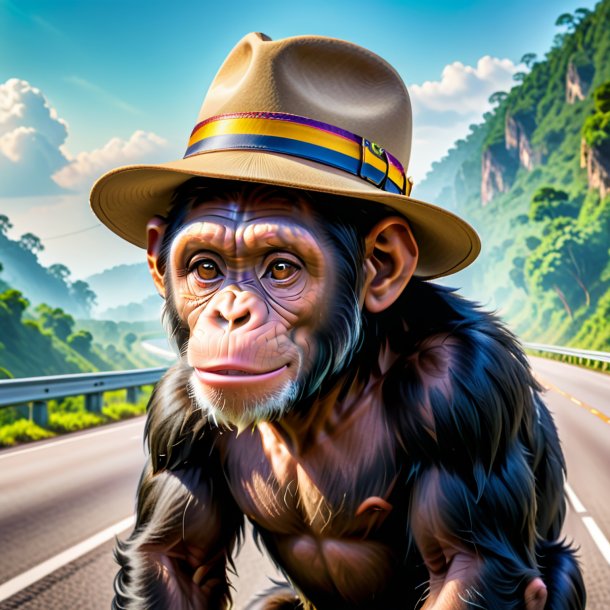 Imagen de un chimpancé en un sombrero en la carretera