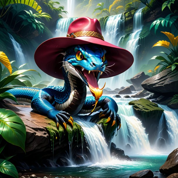 Drawing of a cobra in a hat in the waterfall