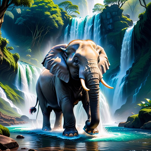 Picture of a elephant in a shoes in the waterfall