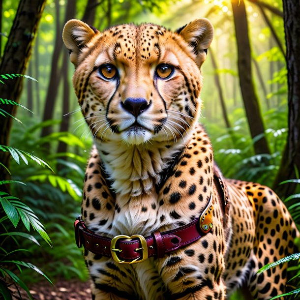 Pic of a cheetah in a belt in the forest