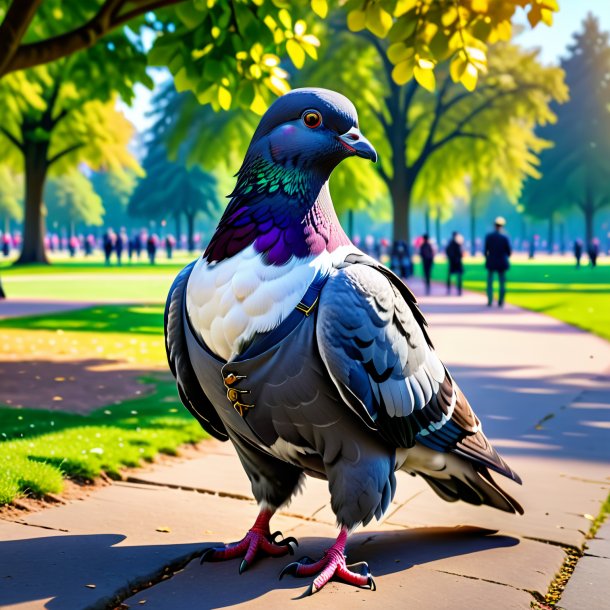 Imagem de um pombo em uma calça no parque