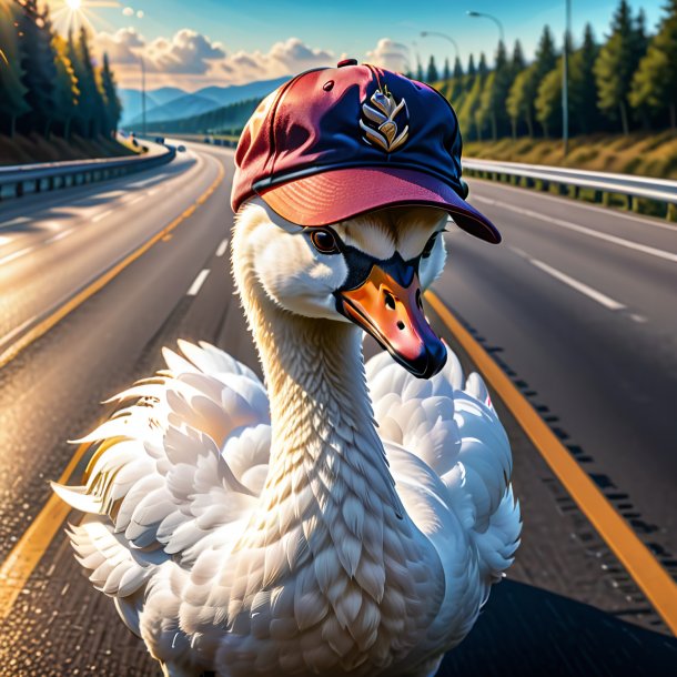 Drawing of a swan in a cap on the highway