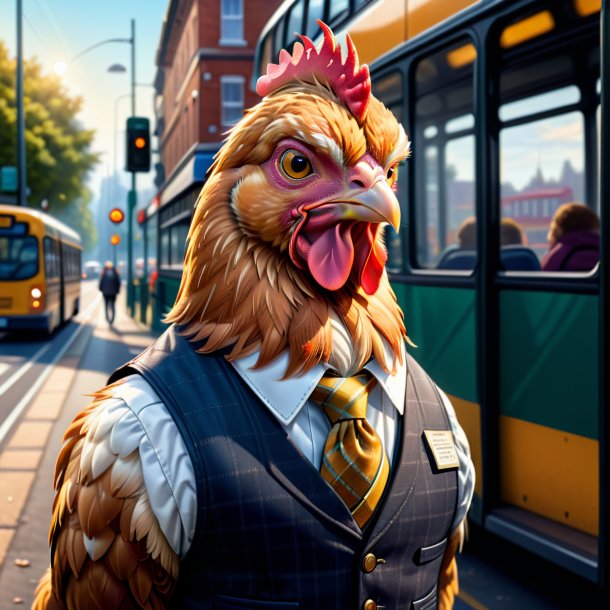 Illustration d'une poule dans un gilet sur l'arrêt de bus