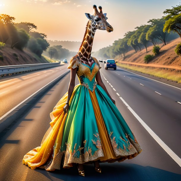 Imagem de uma girafa em um vestido na estrada