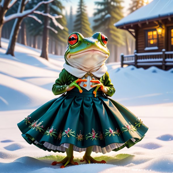 Picture of a frog in a skirt in the snow