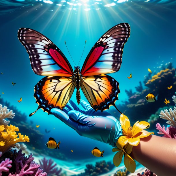 Picture of a butterfly in a gloves in the sea