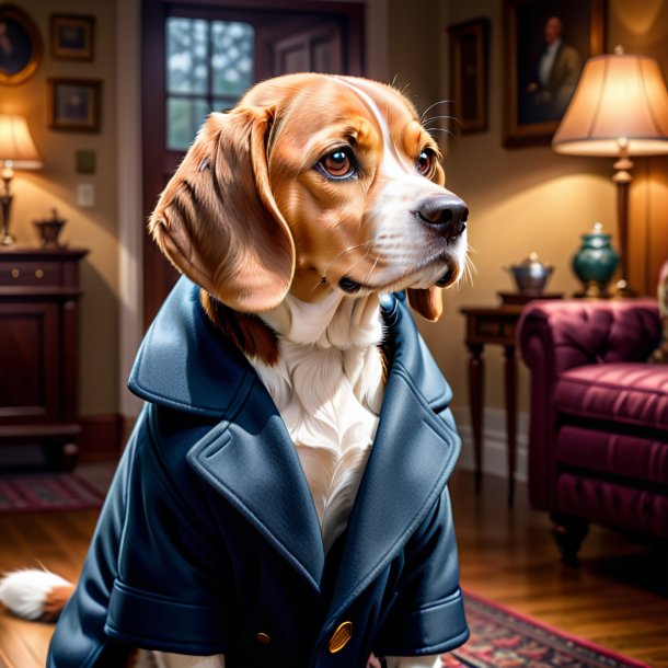 Illustration of a beagle in a coat in the house