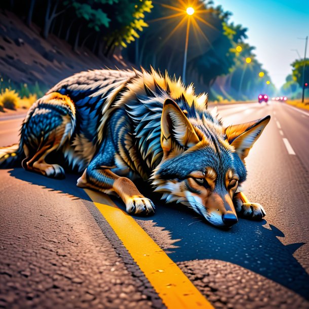 Pic of a sleeping of a jackal on the road