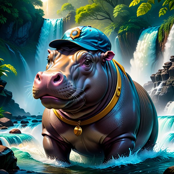 Illustration of a hippopotamus in a cap in the waterfall