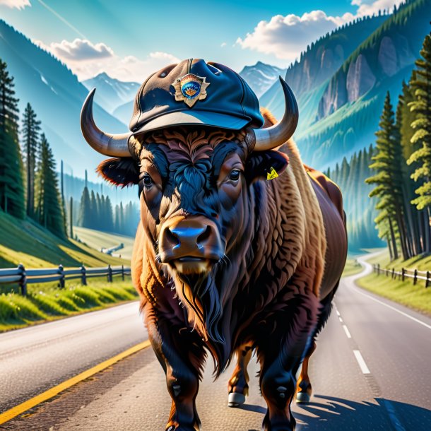 Picture of a bison in a cap on the road