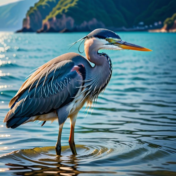 Image d'un héron dans un chapeau dans la mer