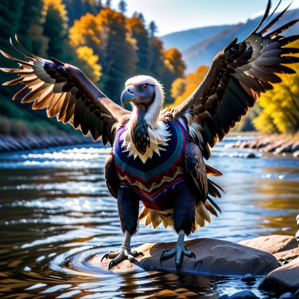 Foto de un buitre en un suéter en el río